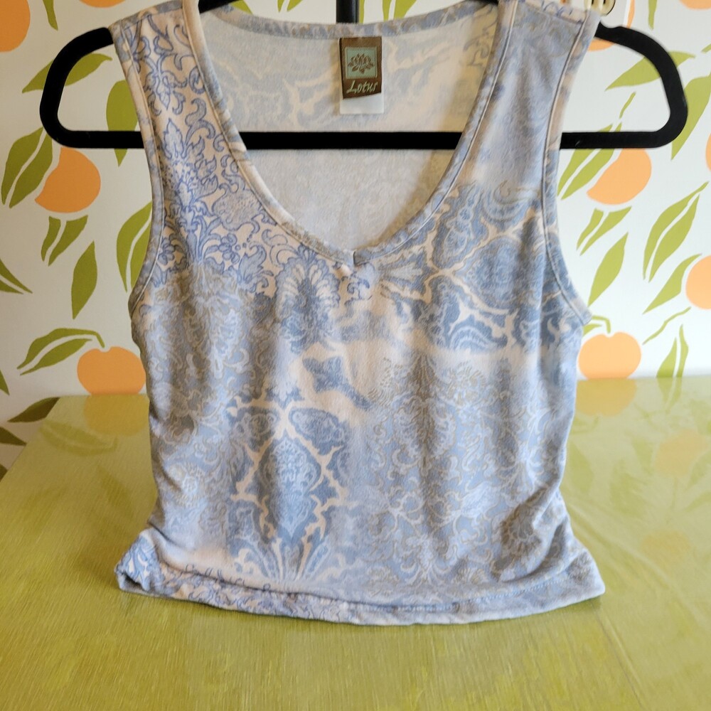 Y2k Lotus medium Blue Beige Cotton Polyester Sleeveless Tank Top Paisley Pattern